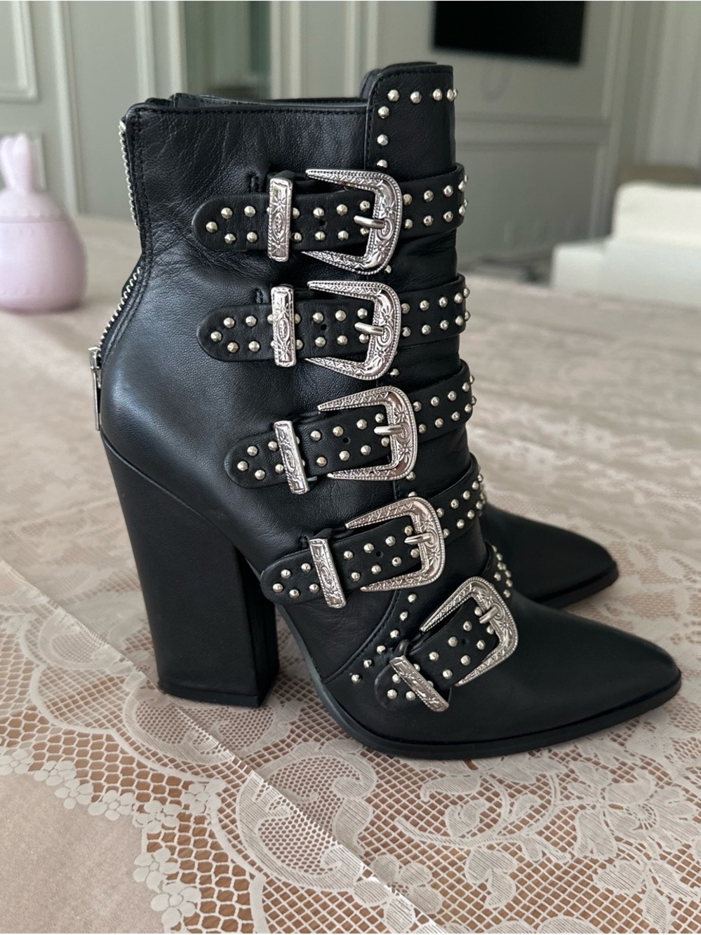 Steve Madden Black leather Studded Buckle Ankle Boots